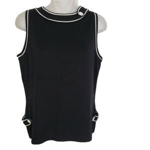 Sandra King Women’s Top Small Black Sleeveless Knit White Trim Button Detail